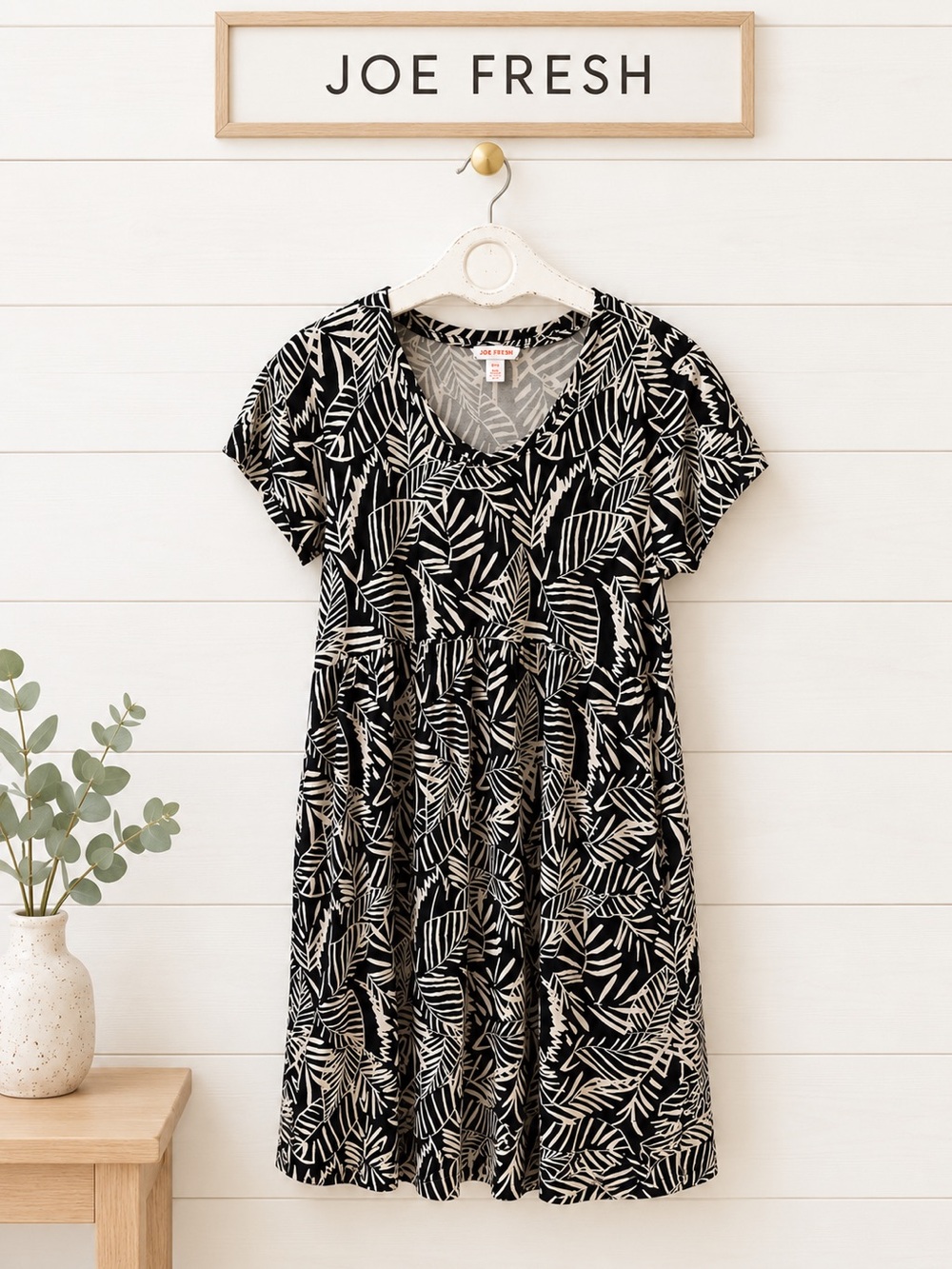 JOE FRESH Black White Leaf Print Dress M